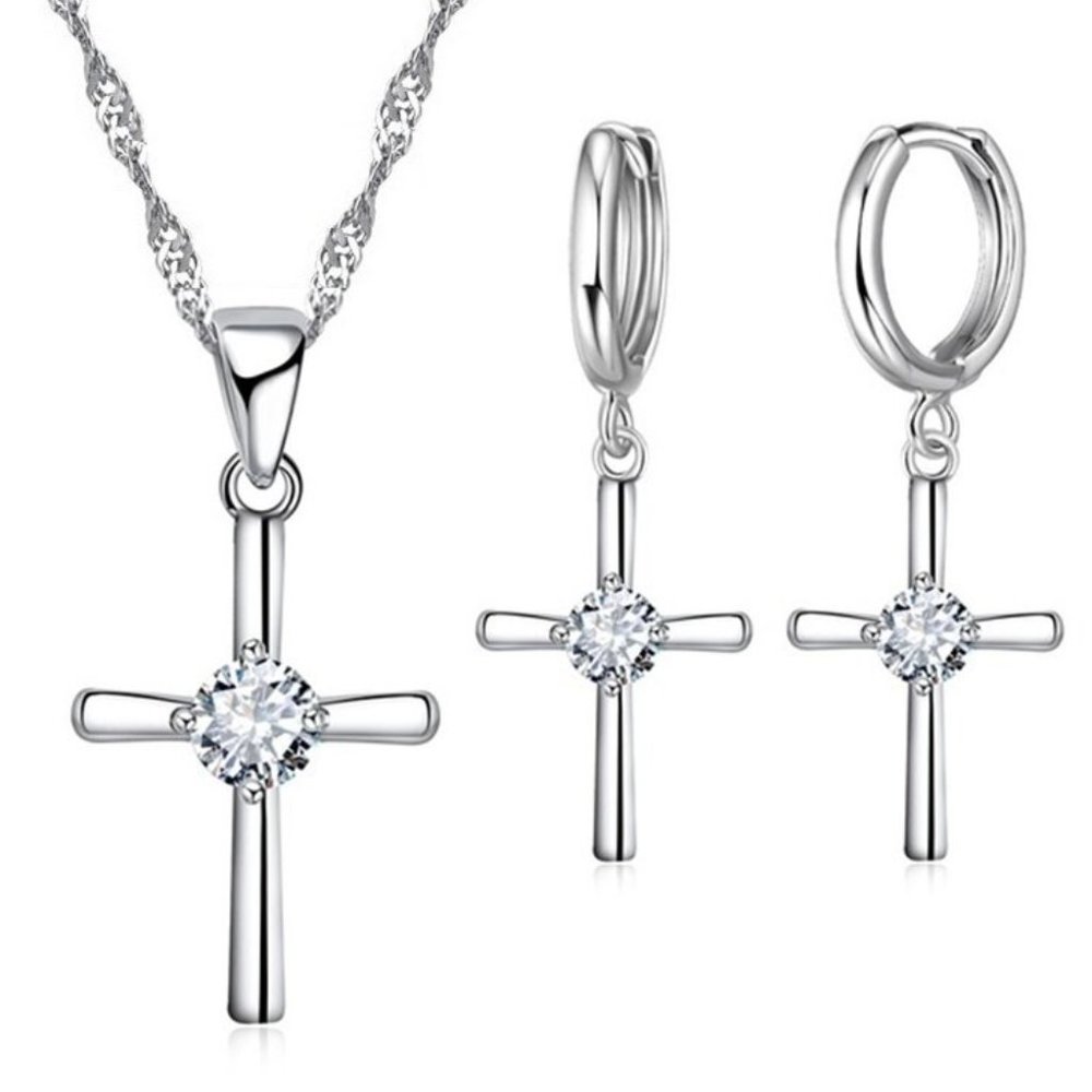 ❤️ NEW 💎 Luxury Cross Women Earrings And Necklace 925 Sterling Silver Set - Picture 1 of 4